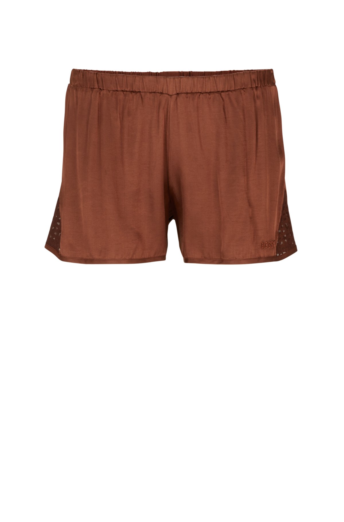 Satin pyjama shorts with covered waistband and monogram details, Brown