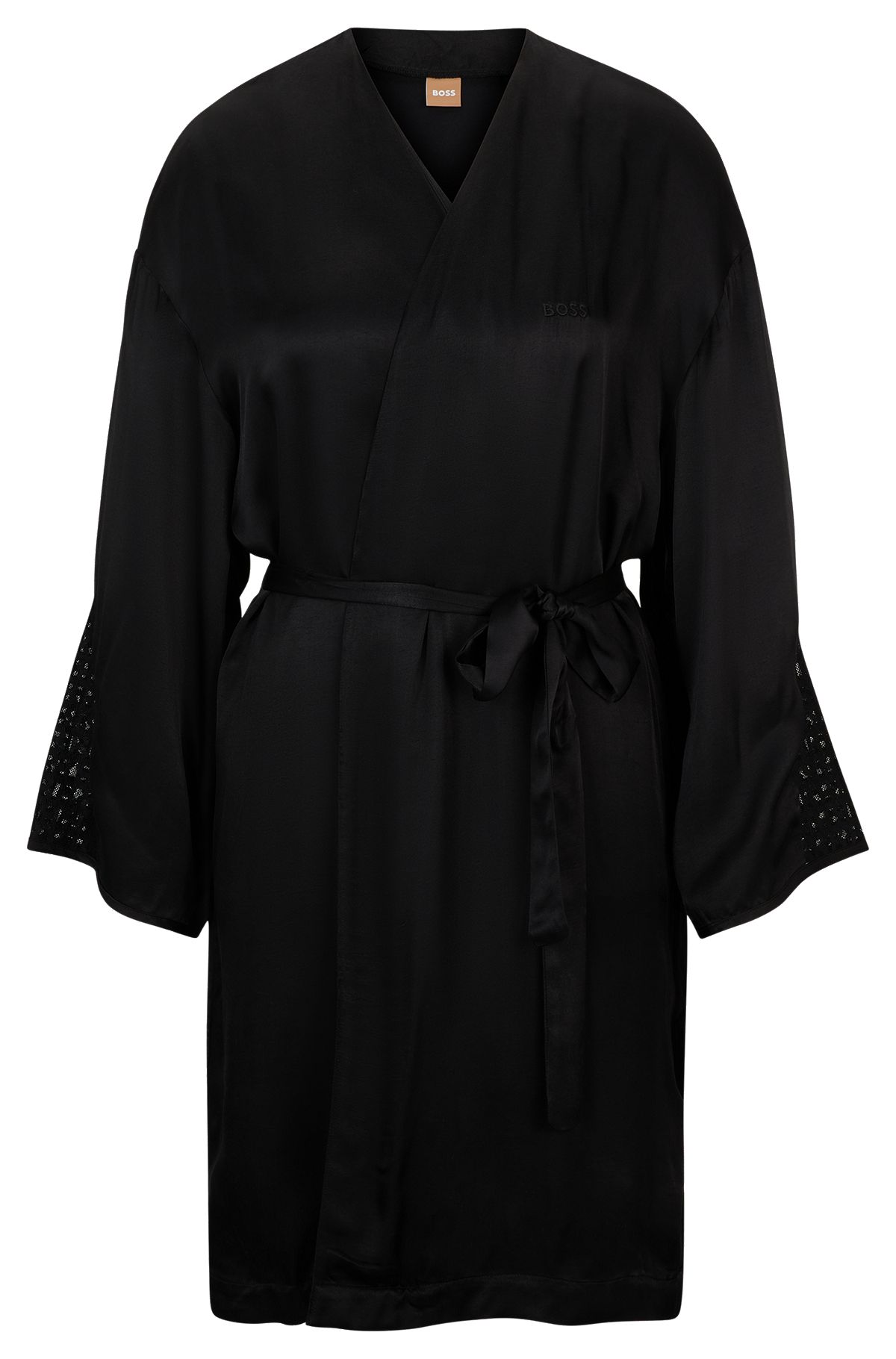 Satin dressing gown with monogram details, Black