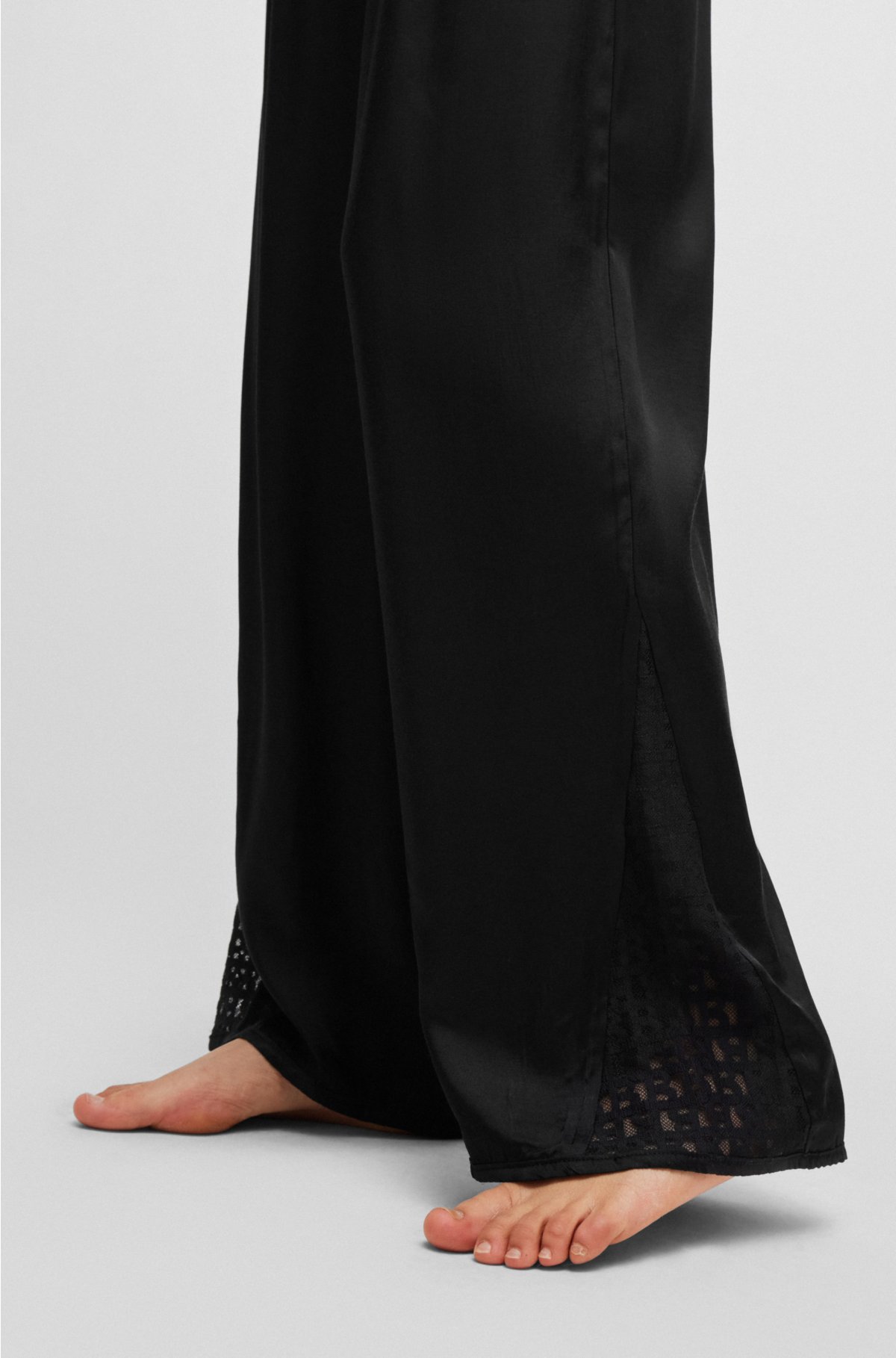 Satin pyjama bottoms with monogram insert detail, Black