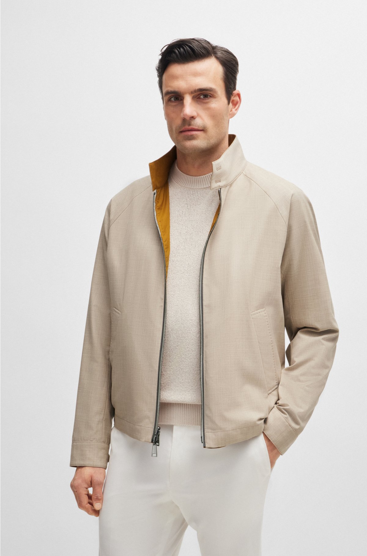 Reversible Harrington jacket in virgin wool and silk, Light Beige