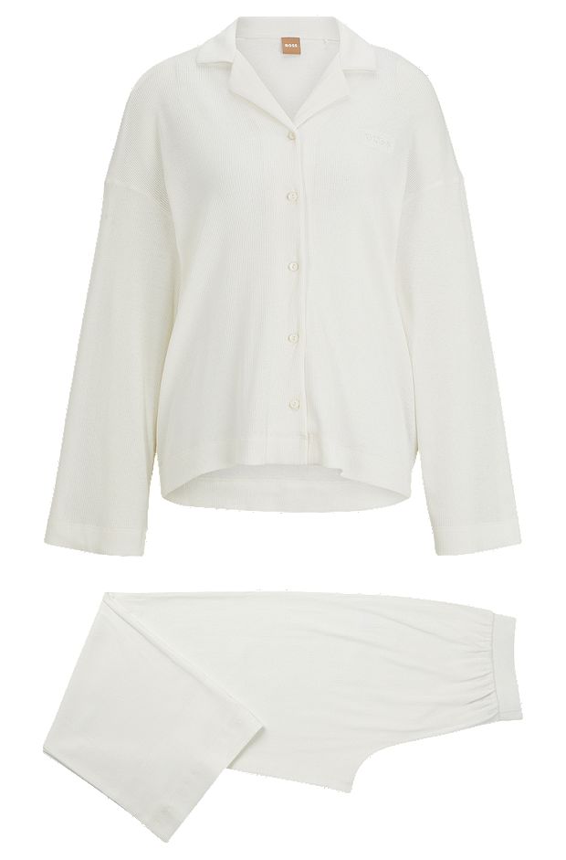 Gerippter Pyjama aus Baumwolle mit Knopfleiste und Logo-Stickerei, Weiß
