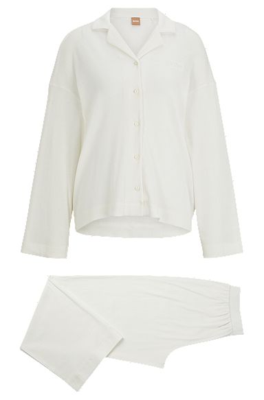 Pijama canelado de algodão com botões e logótipos bordados, Branco
