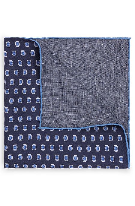 Lommetørklæde i silke med print og kant, Mørkeblå