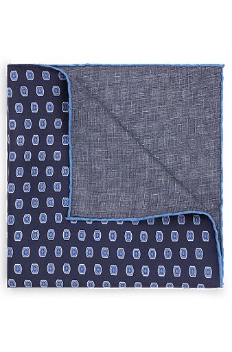 Pañuelo de bolsillo en seda con estampado y cenefa, Azul oscuro