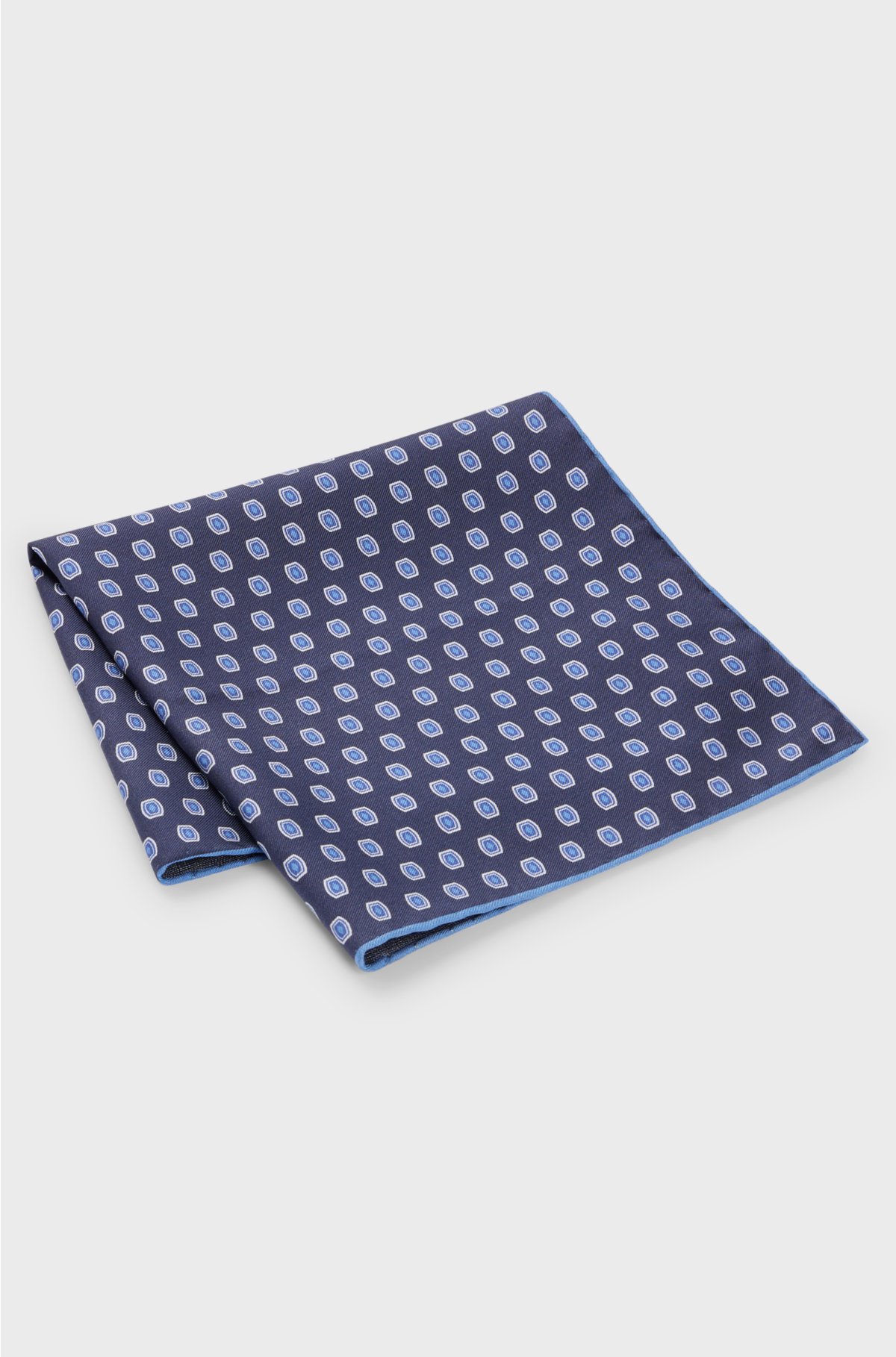 Silk pocket square with print and border, Dark Blue