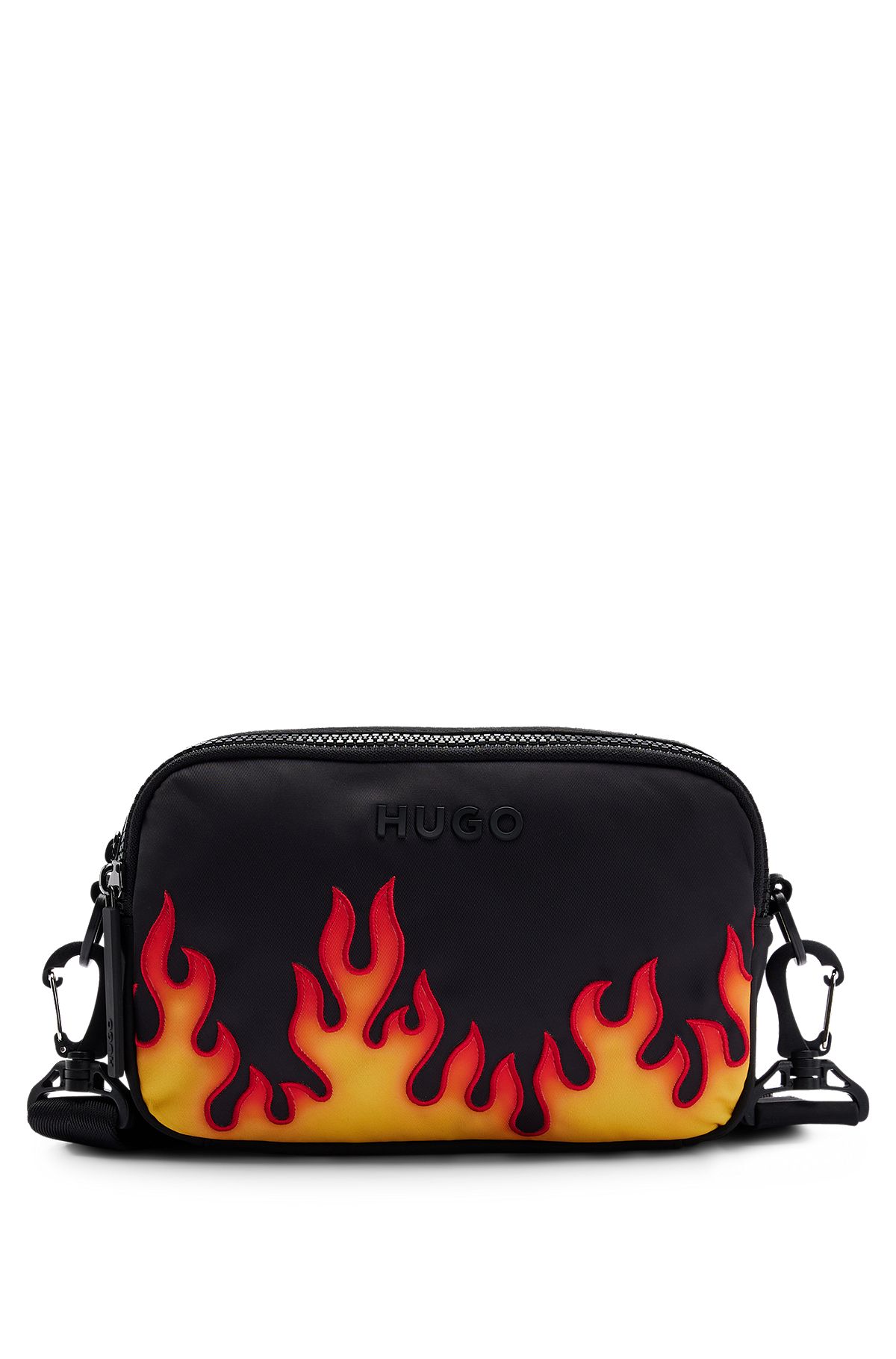 Cross-body bag with flame embroidery, Black