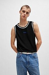 Mesh tank top with contrast logo and stripes, Black