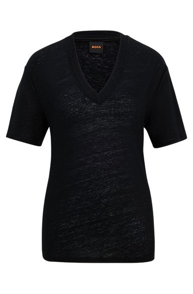 T-shirt met V-hals van linnen, Zwart