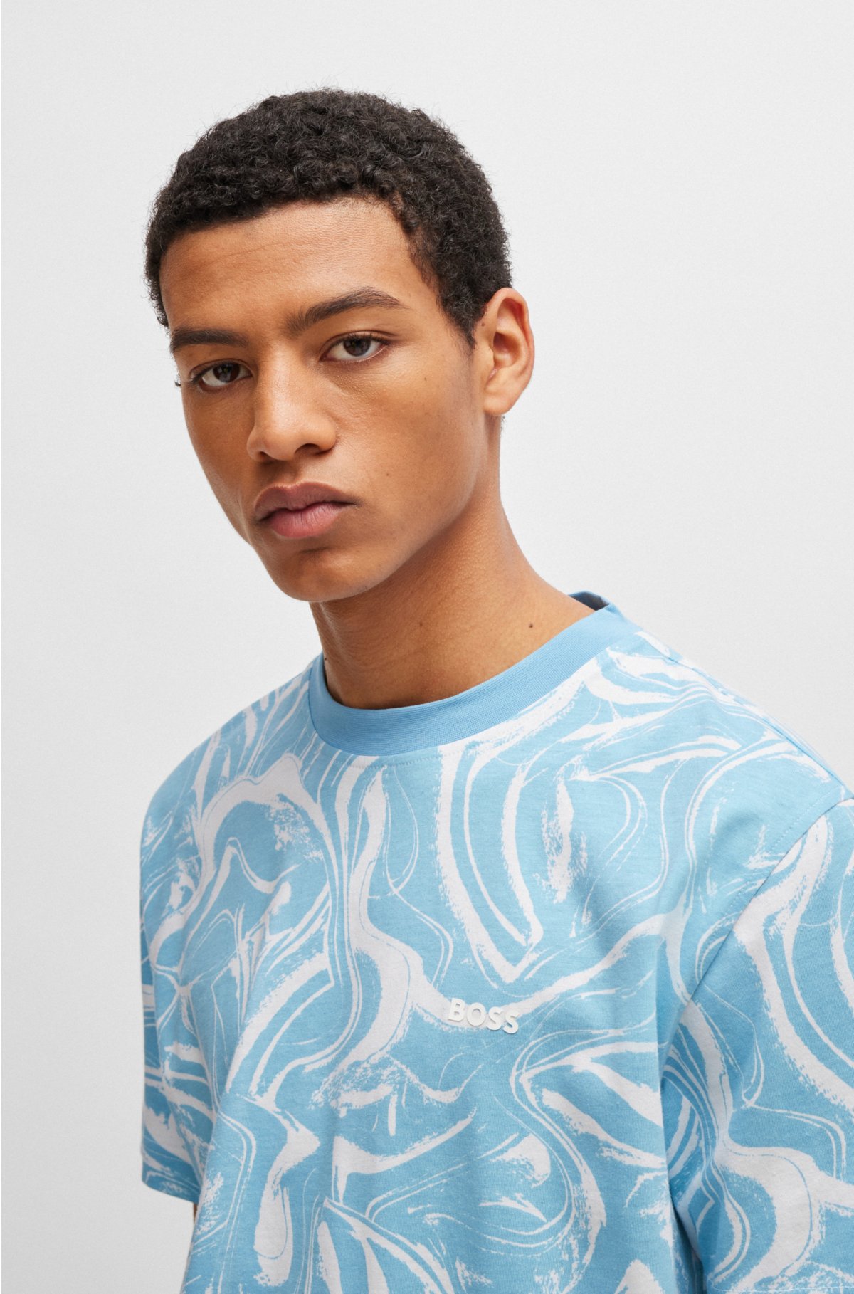 Cotton-jersey relaxed-fit T-shirt with wave print, Light Blue
