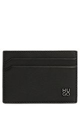 Leather card holder with stacked logo, Schwarz