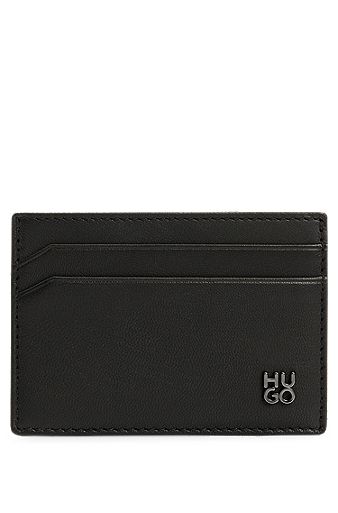 Leather card holder with stacked logo, Zwart