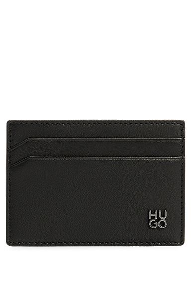 Leather card holder with stacked logo, Nero
