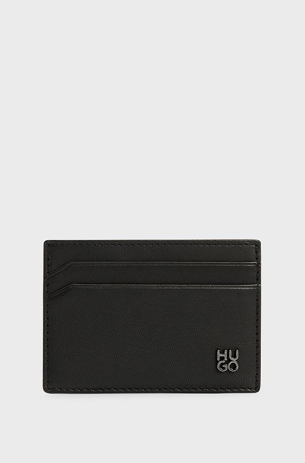 Leather card holder with stacked logo, Black