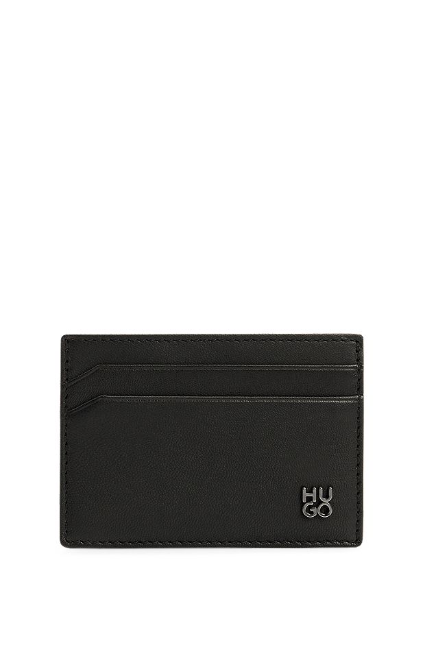 Leather card holder with stacked logo, Black