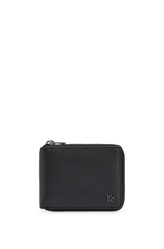 Geldbörse aus mattem Leder mit umlaufendem Reißverschluss und Stack-Logo, Schwarz