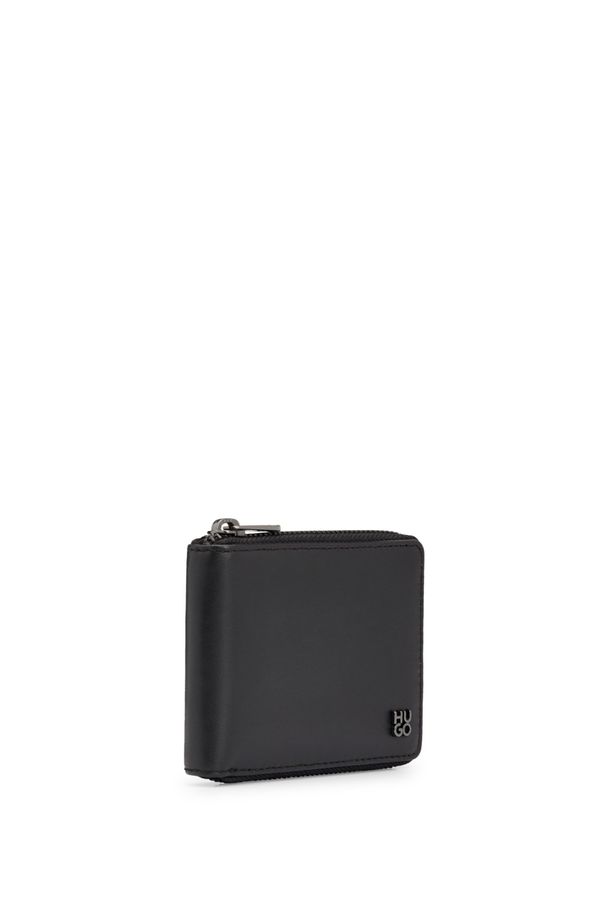 Matte-leather ziparound wallet with stacked logo, Black