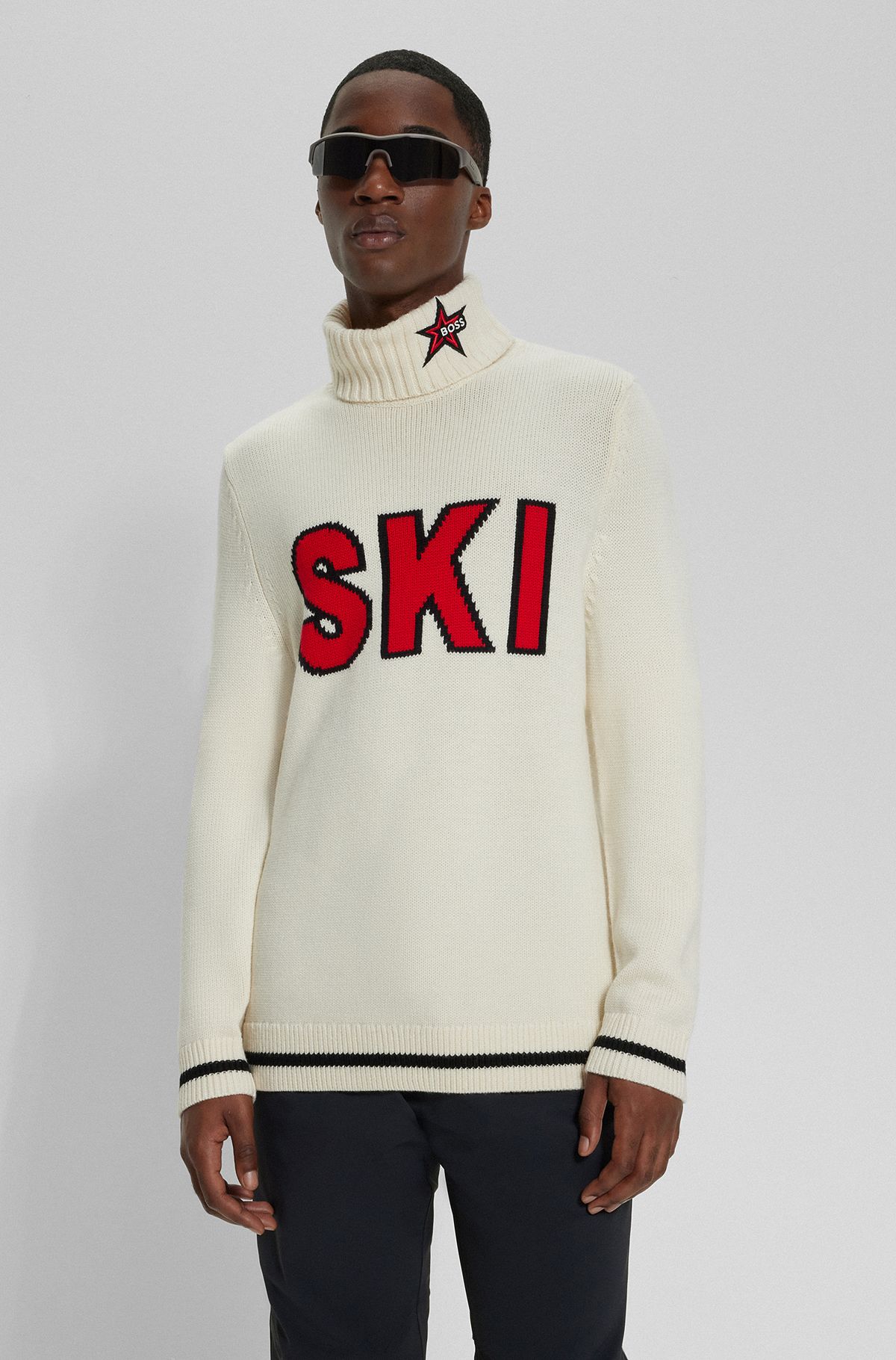 BOSS x Perfect Moment Maglione in lana vergine con scritta "Ski" a intarsio, Bianco