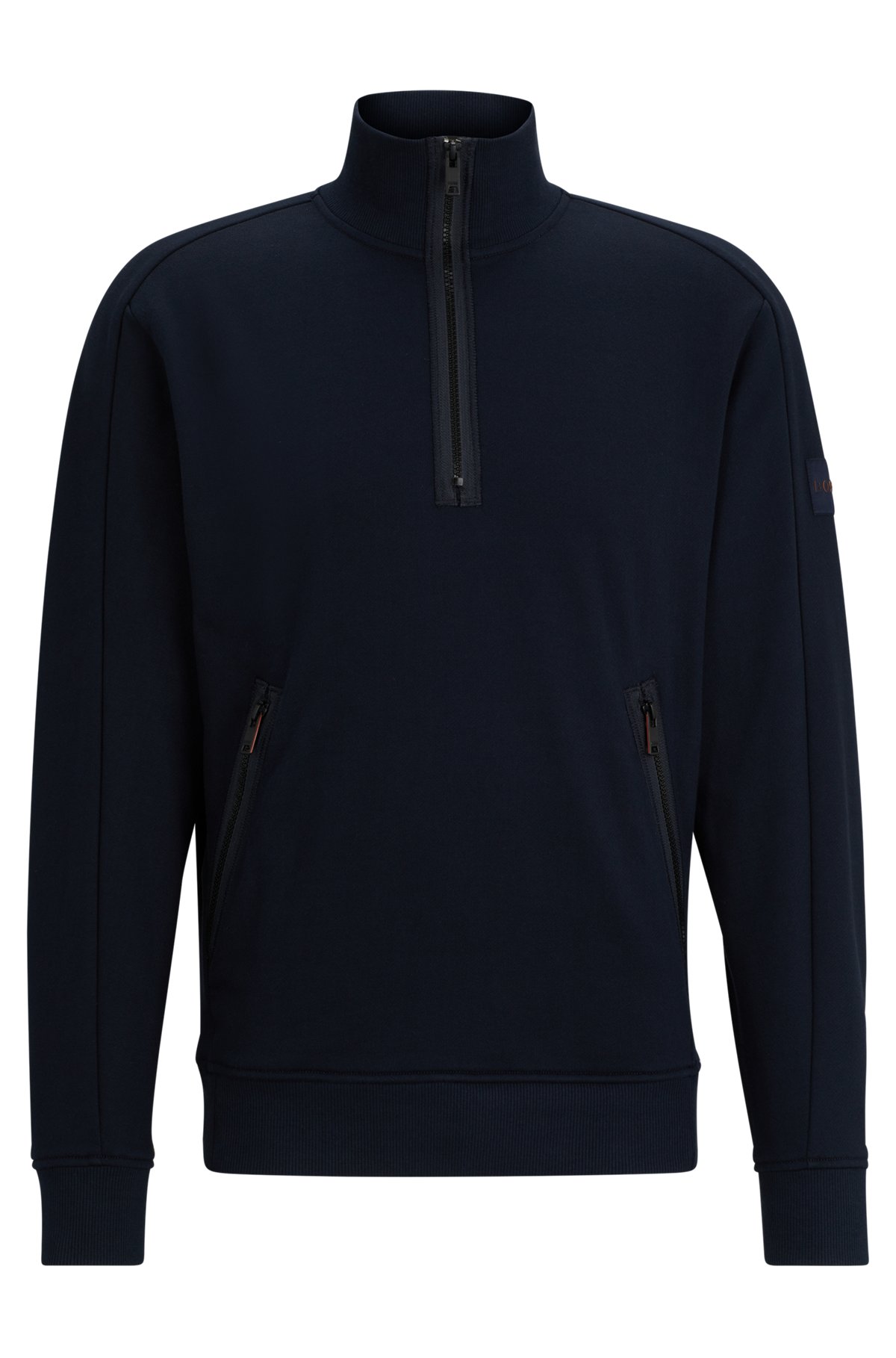 BOSS - Cotton-terry zip-neck sweatshirt with logo patch