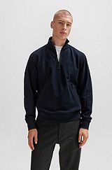 Cotton-terry zip-neck sweatshirt with logo patch, Dark Blue