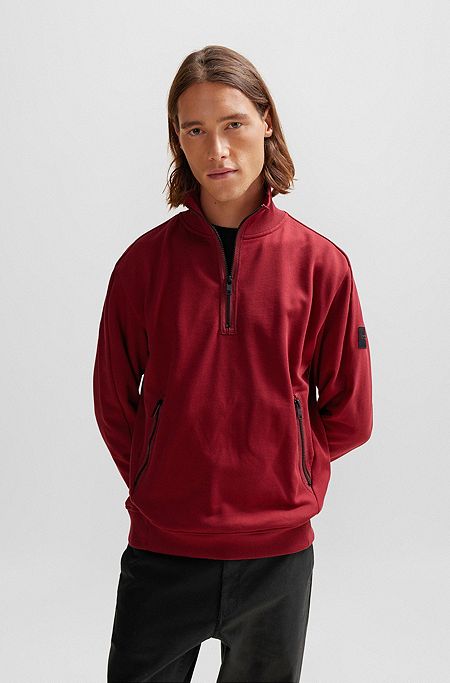 Cotton-terry zip-neck sweatshirt with logo patch, Red