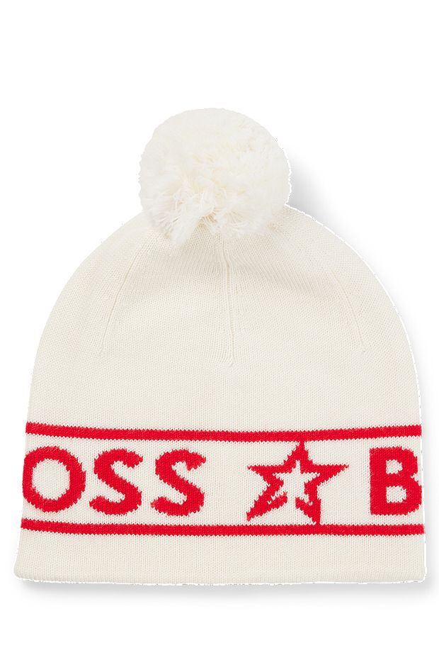 BOSS x Perfect Moment wool beanie hat with logo intarsia, White
