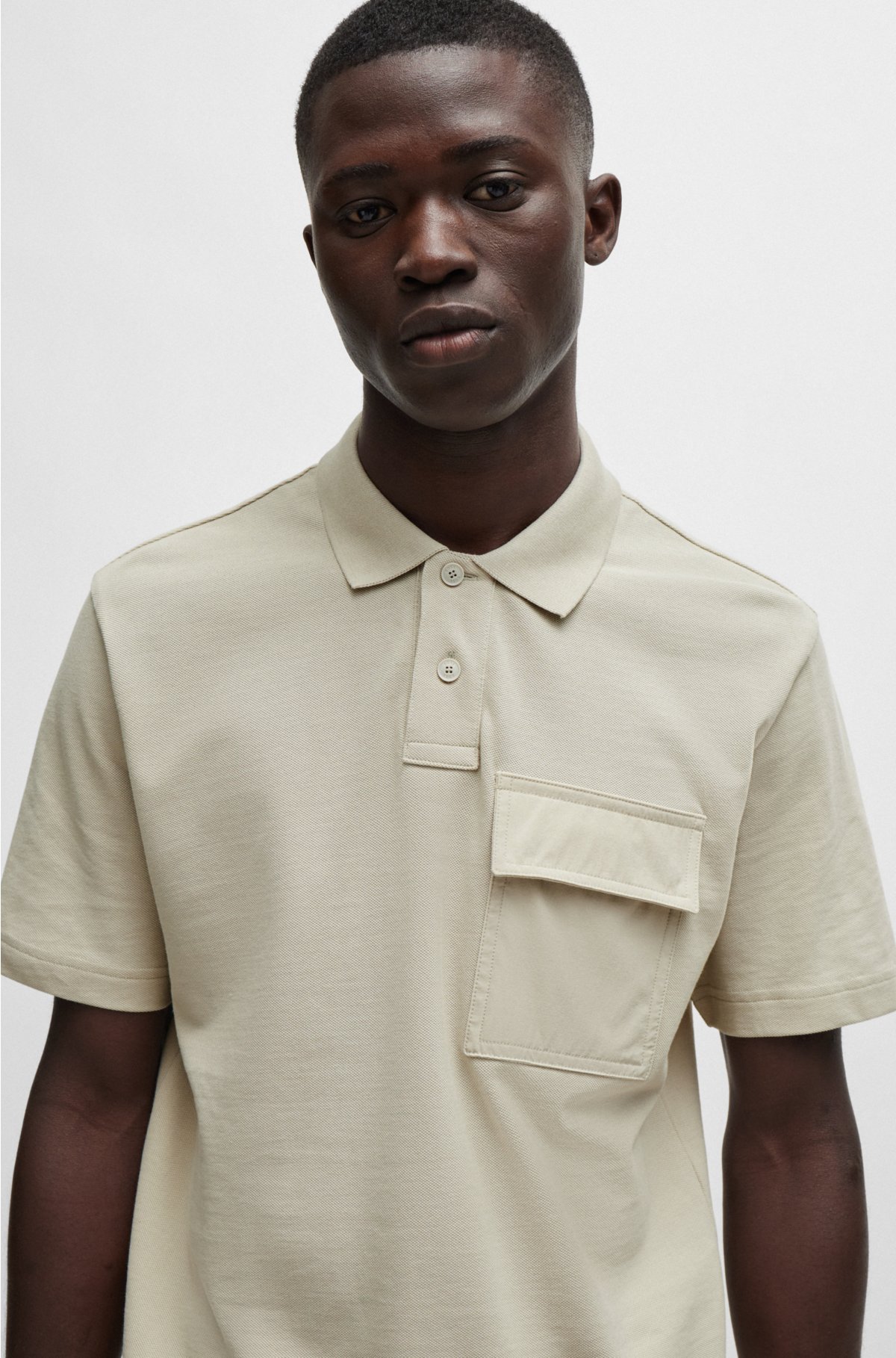 Relaxed-fit cotton-piqué polo shirt with tonal pocket, Natural