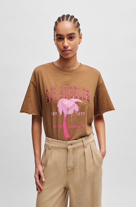 Slub-cotton T-shirt with seasonal artwork, Brown