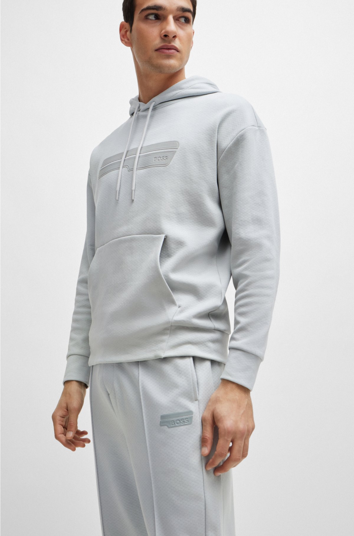 Relaxed-fit tracksuit bottoms in cotton-blend jacquard, Light Grey