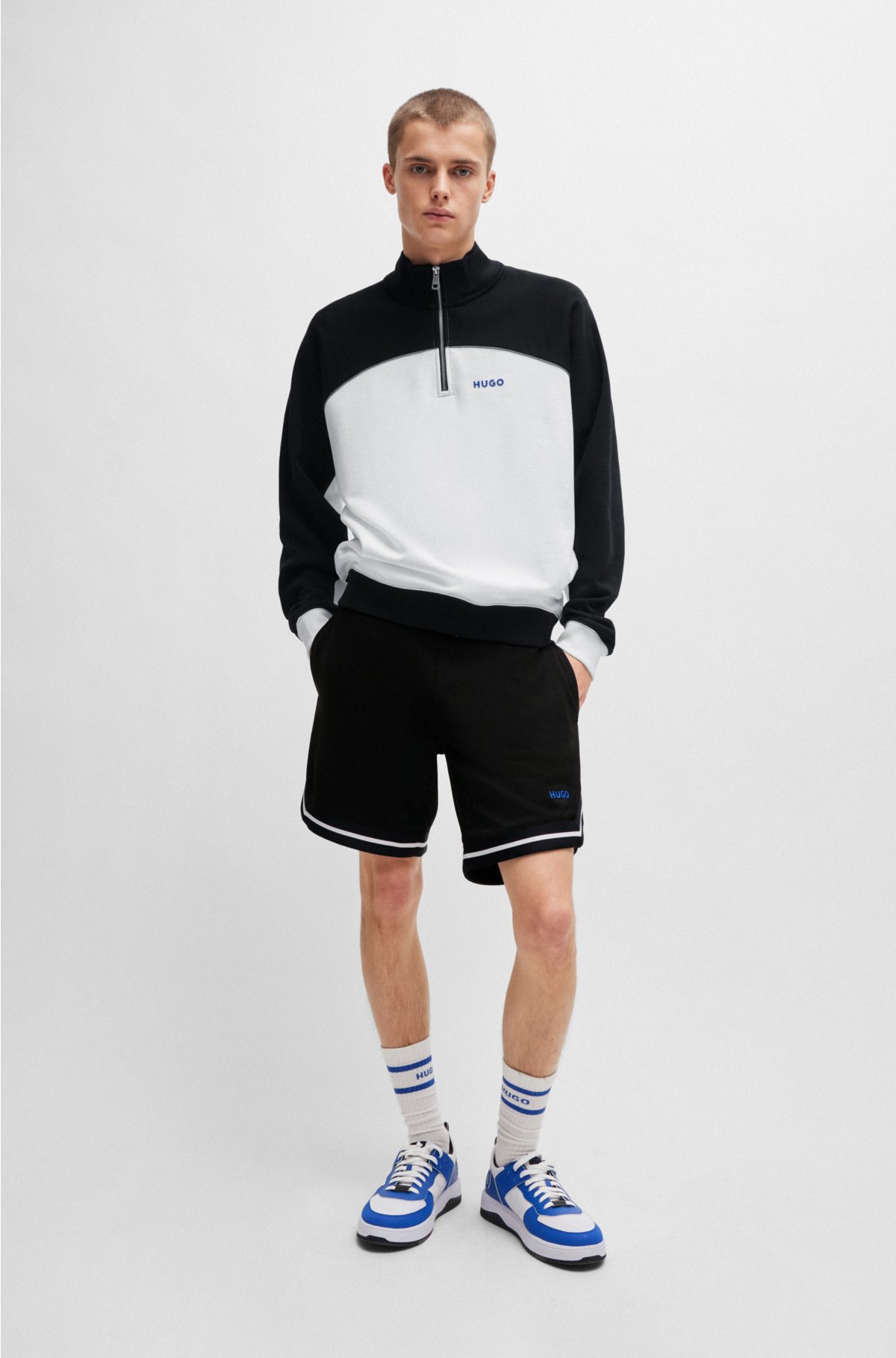 Mesh shorts with contrast logo and tape, Black