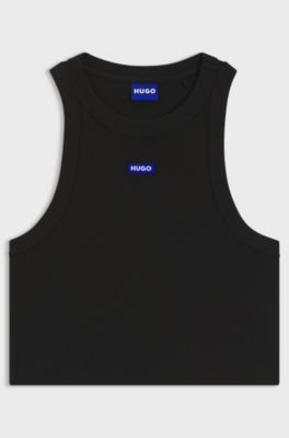Kurz geschnittenes Tanktop aus Stretch-Baumwolle mit blauem Logo-Label, Schwarz