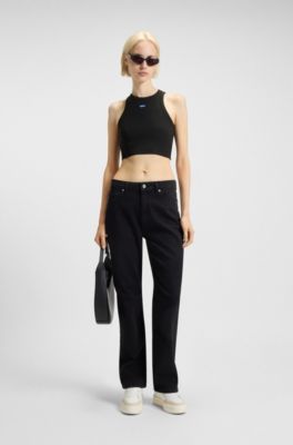 Cropped stretch-cotton tank top with blue logo label, Black