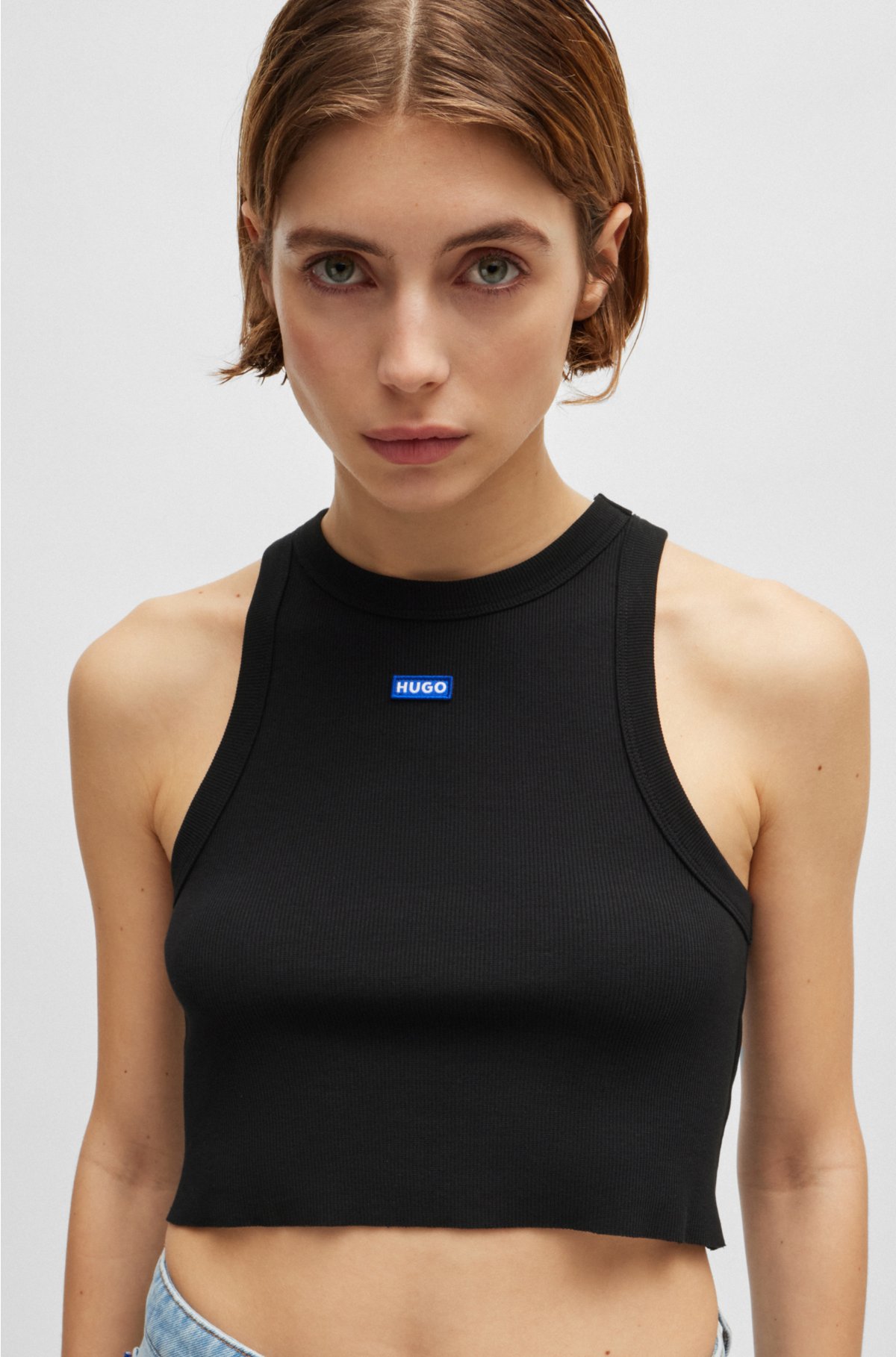 Stretch-cotton cropped tank top with blue logo label, Black