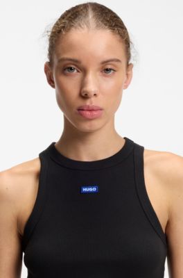 Cropped tanktop i bomuld med str&aelig;k og bl&aring; logom&aelig;rkat, Sort