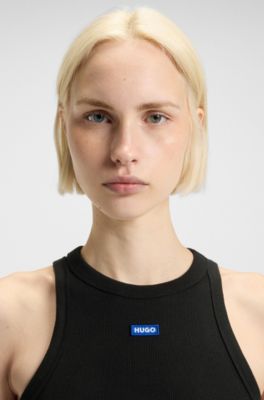 Camiseta corta de tirantes en algod&oacute;n el&aacute;stico con etiqueta con logo azul, Negro