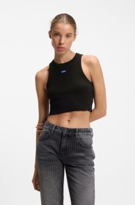 Cropped stretch-cotton tank top with blue logo label, Black