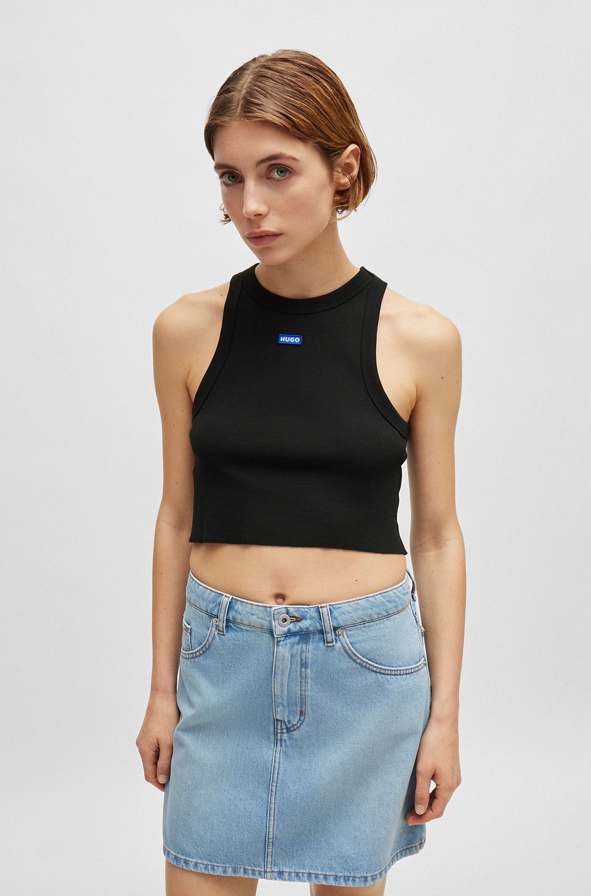 Stretch-cotton cropped tank top with blue logo label, Black
