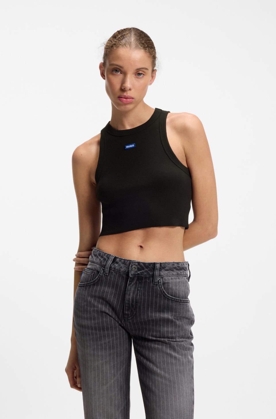 Cropped stretch-cotton tank top with blue logo label