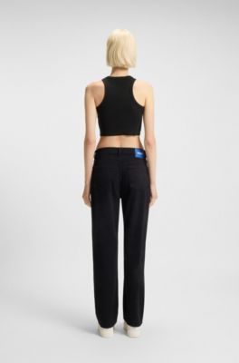 Cropped stretch-cotton tank top with blue logo label, Black