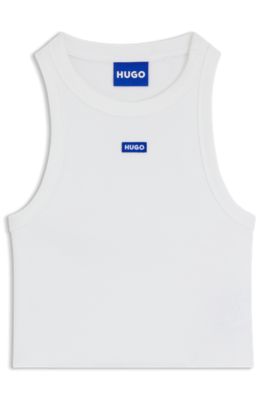 Cropped stretch-cotton tank top with blue logo label, White