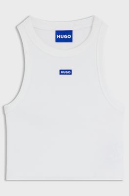 Cropped stretch-cotton tank top with blue logo label, White