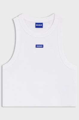 Cropped stretch-cotton tank top with blue logo label, White