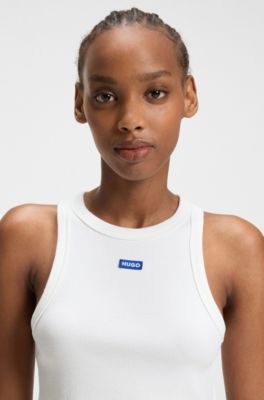 Kurz geschnittenes Tanktop aus Stretch-Baumwolle mit blauem Logo-Label, Wei&szlig;