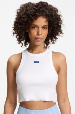 Canotta corta in cotone elasticizzato con etichetta con logo blu, Bianco