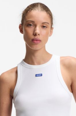 Camiseta corta de tirantes en algod&oacute;n el&aacute;stico con etiqueta con logo azul, Blanco