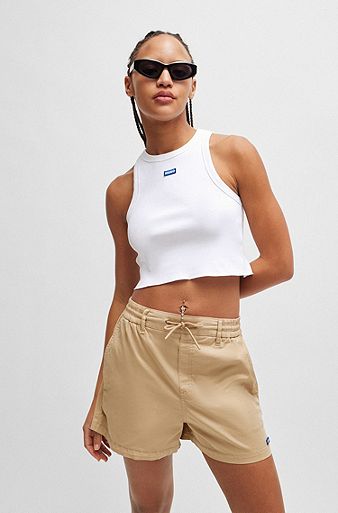 Stretch-cotton cropped tank top with blue logo label, White