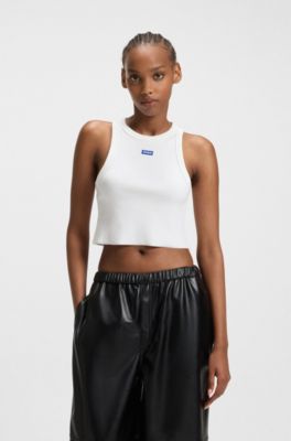 Kurz geschnittenes Tanktop aus Stretch-Baumwolle mit blauem Logo-Label, Wei&szlig;