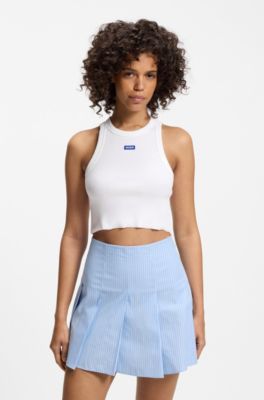 Cropped stretch-cotton tank top with blue logo label, White