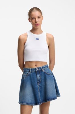 Camiseta corta de tirantes en algod&oacute;n el&aacute;stico con etiqueta con logo azul, Blanco