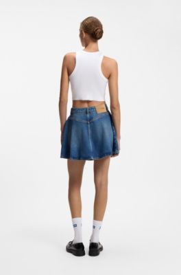 Canotta corta in cotone elasticizzato con etichetta con logo blu, Bianco