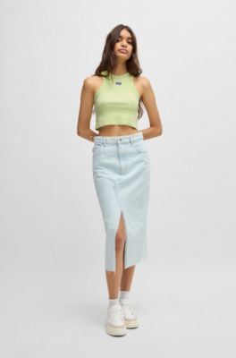 Cropped stretch-cotton tank top with blue logo label, Light Green
